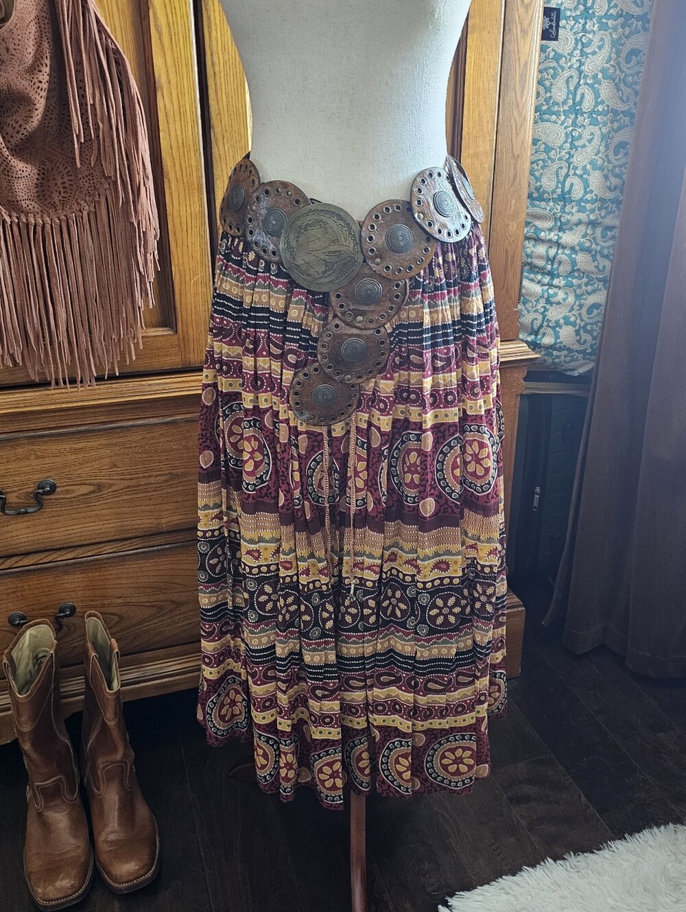 Boho Indian Block Print Maxi Skirt Burgundy Mustard Full Tiered Hippie Skirt